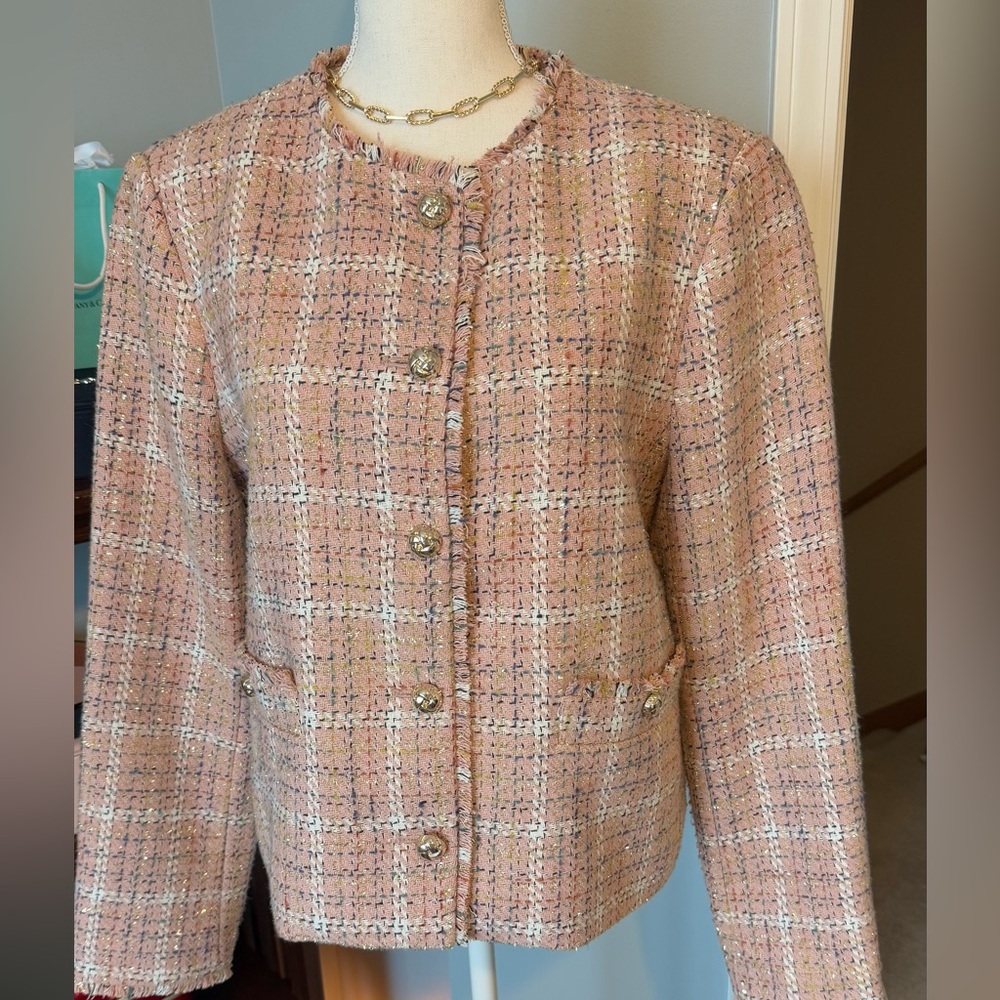 Loft Metallic Fringe Tweed Collarless Jacket multi color size L